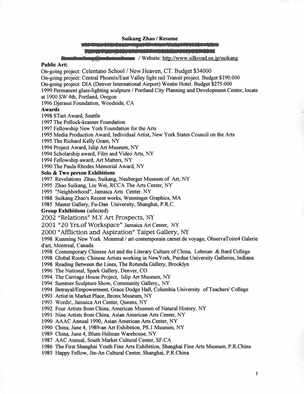 Sui Kang Zhao's Artist Resume, [2002?], pg 1